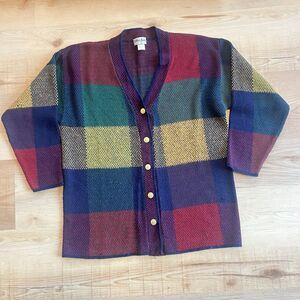 VTG Grandma Cardigan Sweater Women’s Large Holiday Colorful Plaid 90s Colter Bay